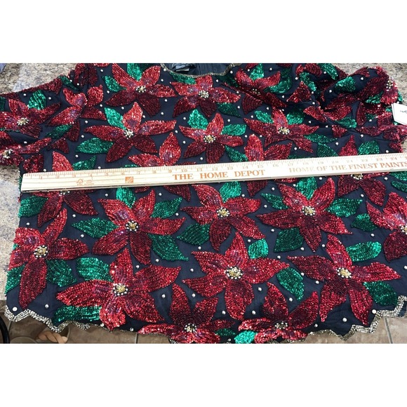 VTG Laurence Kazar Women's Black Sequined Beaded Poinsettia Christmas Top 2X NWT - Picture 8 of 16